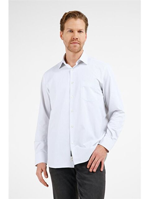 İMZA Beyaz - Siyah Çizgili Desen Sert Yaka Uzun Kol Cepli Comfort Fit Pamuklu Gömlek 1004255278 - S000505530-37246