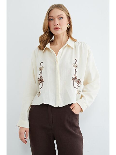 Fullamoda Çiçek Nakışlı Müslin Kumaş Gömlek - S000521832-19965