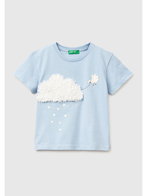 United Colors Of Benetton Kız Çocuk Buz Mavisi Su Bazlı Baskılı İşlemeli Bisiklet Yaka T-Shirt