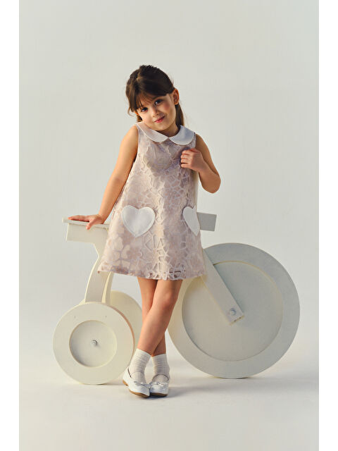 Panço Kız Bebek Kalp Detaylı Çiçek Dokulu Bej Elbise - S000524541-19928
