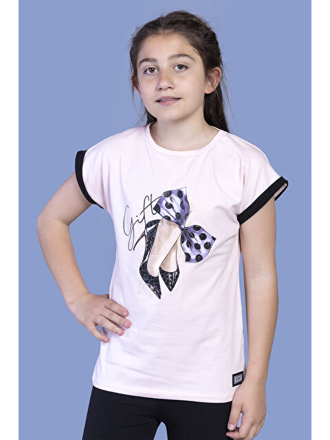 Toontoykids Kız Çocuk Fiyonk Baskılı Kolları Garni Detaylı Tişört