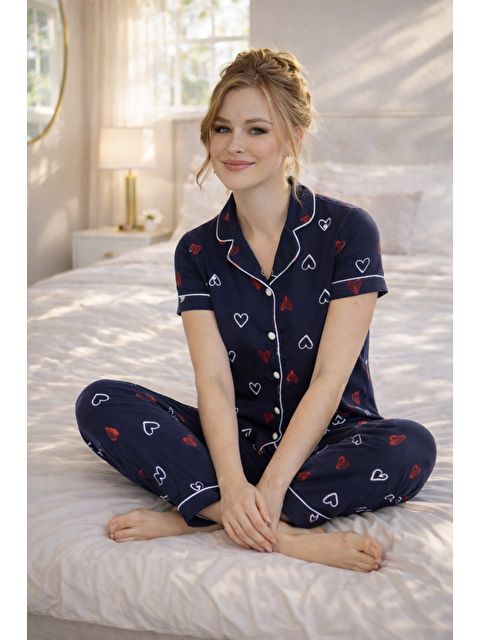 Formo PREMIUM Kadın %100 Doğal Pamuk Kalpli Gömlek Yaka Biyeli Düğmeli Yüksek Kaliteli Pijama Takımı - S000518249-21164