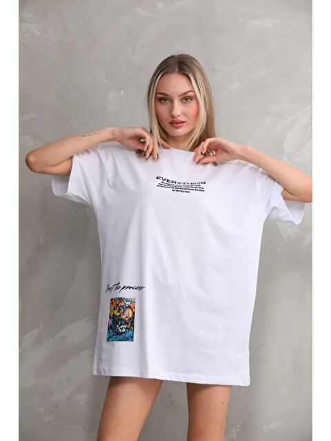 Jane's Unisex Bisiklet Yaka Baskılı Oversize T-Shirt - Beyaz