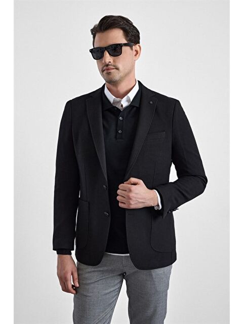 Süvari Siyah Slim Sivri Yaka Torba Cep 6 Drop Klasik Ceket