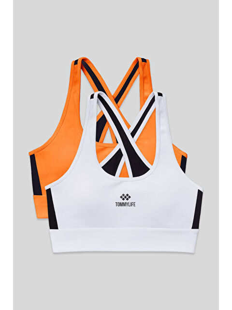 Tommylife Slim Fit U Yaka 2li Paket Beyaz-Neon Oranj Kadın Spor Büstiyer - 97121