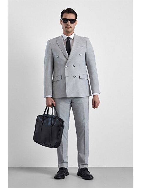 Süvari Gri Slim Kruvaze Yaka 6 Drop Takım Elbise