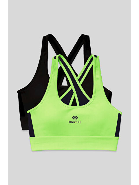 Tommylife Slim Fit U Yaka 2li Paket Siyah-Neon Sarı Kadın Spor Büstiyer - 97121