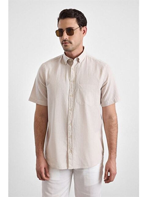 Süvari Bej Regular Düğmeli Yaka Düz Casual Gömlek