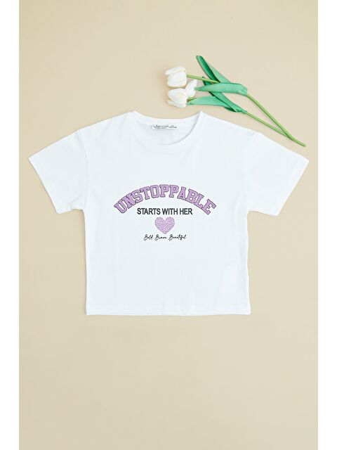 Fullamoda Unstoppable Baskılı Kız Çocuk Crop Tişört