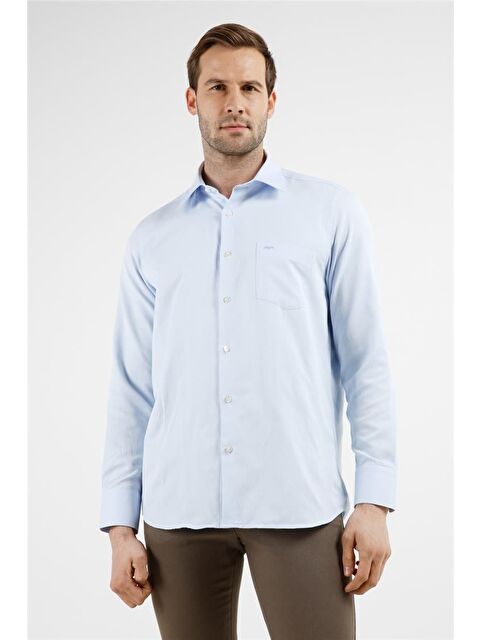 İMZA Koyu Mavi Çizgili Desen Sert Yaka Uzun Kol Cepli Comfort Fit Pamuklu Gömlek 1004255268 - S000505531-19393