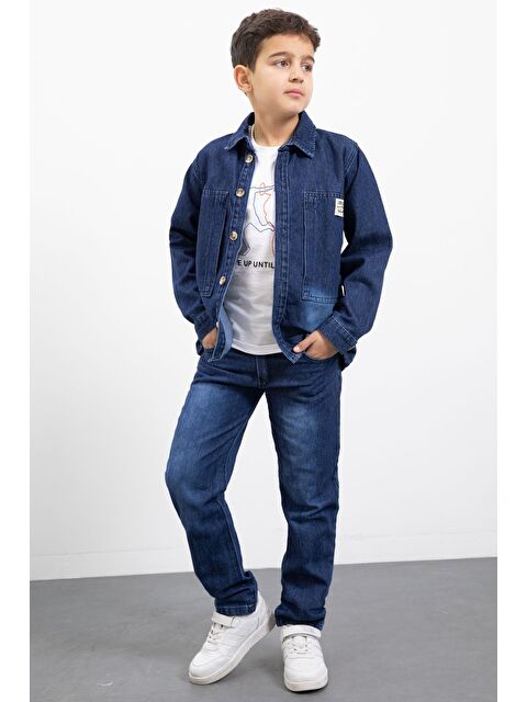 Cansın Mini Lacivert Armalı Jean Gömlekli Erkek Çocuk Pantolonlu 3lü Jean Takım 23470 - S000491691-21164