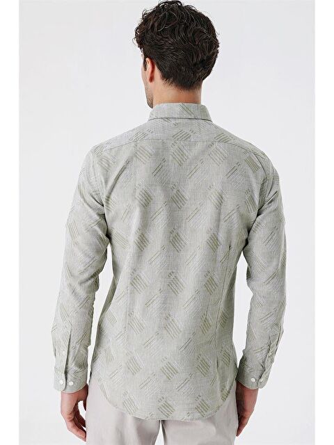 İMZA Koyu Haki Kısalabilir Kollu Desenli  %100 Pamuk Casual Slim Fit Gömlek 1004230182 - S000348031-19294