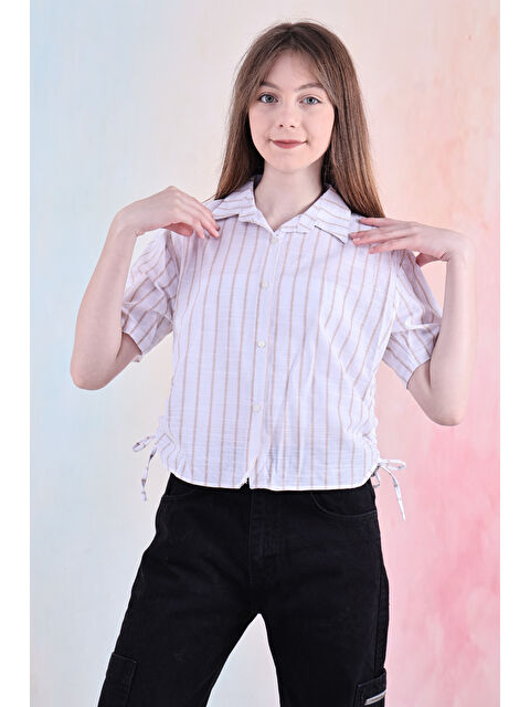 Modanino Kız Çocuk Büzgü Detaylı-Çizgi Desenli Crop Gömlek 6-14 Yaş 12251 - S000390551-29705
