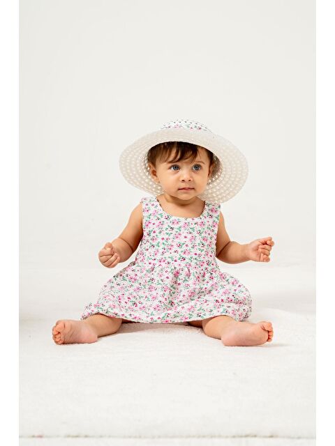Chicsy Baby Tatlı Çiçek Desenli Şapkalı Fiyonklu Kız Bebek Elbisesi