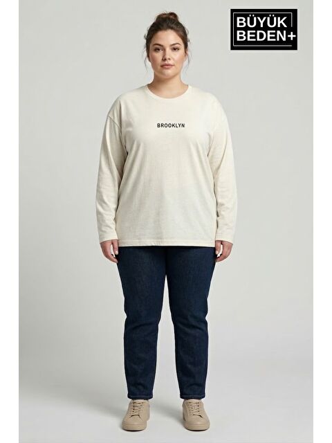 Süperlife Kadın Büyük Beden Orta Brooklyn Baskılı 2 İplik Bisiklet Yaka Tişört SPR26BTSK942-8