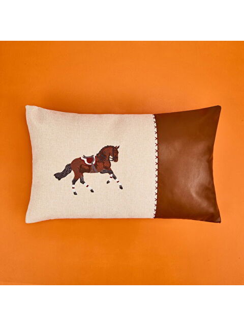 Evidea Soft Deri Görünümlü Horse Desenli Kırlent - Ekru - 30x50 cm - S000366304-19965