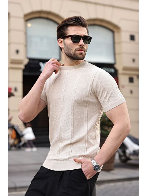 Madmext Taş Rengi Bisiklet Yaka Slim Fit Triko Erkek Tişört E7466