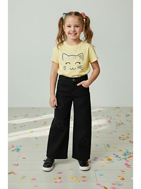 Fullamoda %100 Pamuk Papatya Nakışlı Beli Lastikli Kız Çocuk Pantolon - S000491703-33408