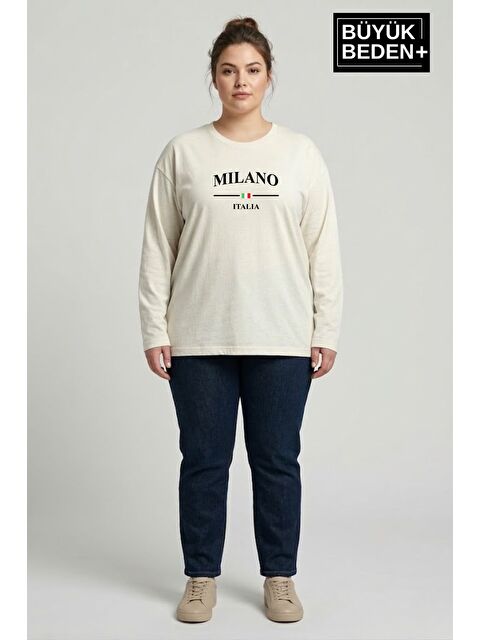 Süperlife Kadın Büyük Beden Milano İtalia Baskılı 2 İplik Bisiklet Yaka Tişört SPR26BTSK942-9