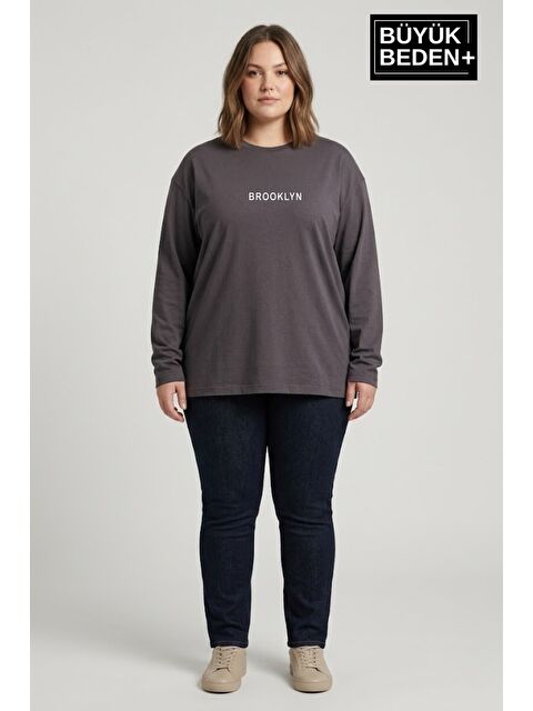 Süperlife Kadın Büyük Beden Orta Brooklyn Baskılı 2 İplik Bisiklet Yaka Tişört SPR26BTSK942-8