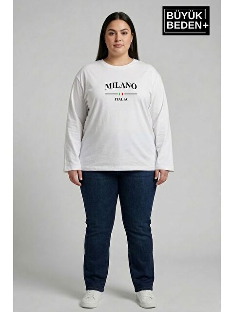 Süperlife Kadın Büyük Beden Milano İtalia Baskılı 2 İplik Bisiklet Yaka Tişört SPR26BTSK942-9