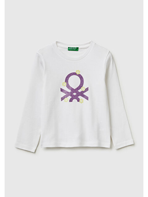 United Colors Of Benetton Kız Çocuk Beyaz Simli Renkli Grafik Baskılı Yuvarlak Yaka Uzun Kollu T-Shirt