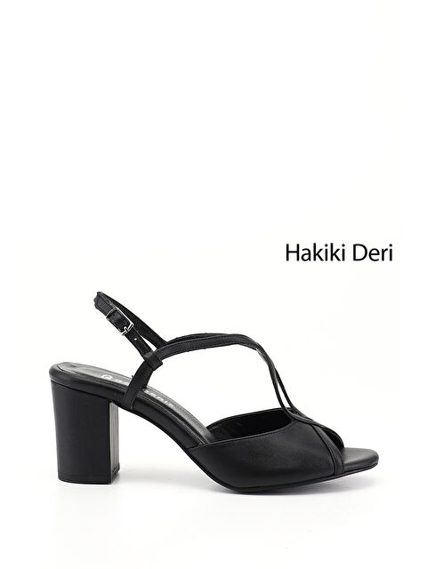 GÖNDERİ(R) Kadın SİYAH Kalın Topuklu Arkası Açık Hakiki Deri Sandalet