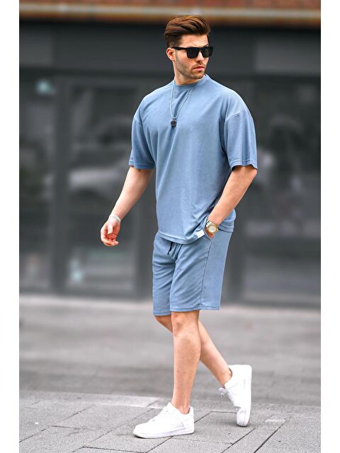 Madmext Mavi Bisiklet Yaka Erkek Şort Takımı 5949 - S000159697-17234