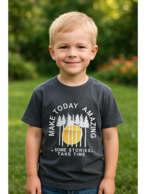 Luess Erkek Çocuk %100 Pamuklu Baskılı Kısa Kollu Tişört - Koyu Gri (3-4 Yaş 8-9 Yaş) - S000406690-29351