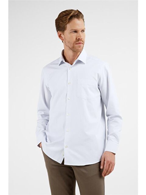 İMZA Beyaz Kendinden Desenli Sert Yaka Uzun Kol Cepli Comfort Fit Pamuklu Gömlek 1004255226