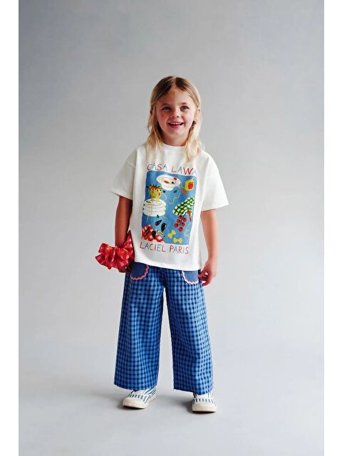 Magu Kız Çocuk Pamuklu Ekru Baskılı Tişört Mavi Pötikare Eşofman Takım