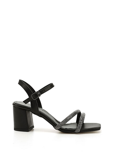 GÖNDERİ(R) Kadın SİYAH-TAŞ Bilekten Bağlı Orta Kalın Topuklu Çift Bantlı Sandalet