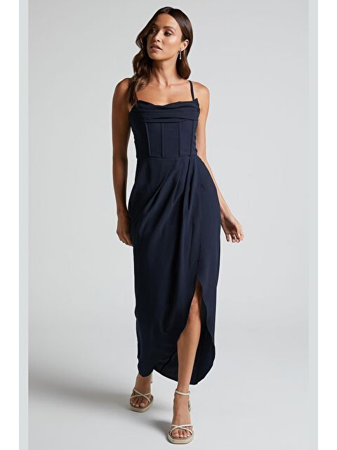 Madmext Lacivert Degaje Yaka Askılı Elbise Mg2022 - S000159700-21164