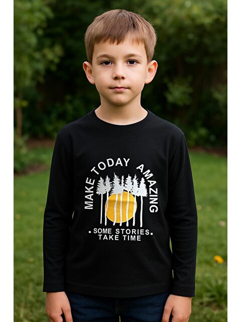 Luess Erkek Çocuk %100 Pamuk Baskılı Uzun Kollu Tişört - Siyah (3-4 Yaş 8-9 Yaş) - S000406694-19351