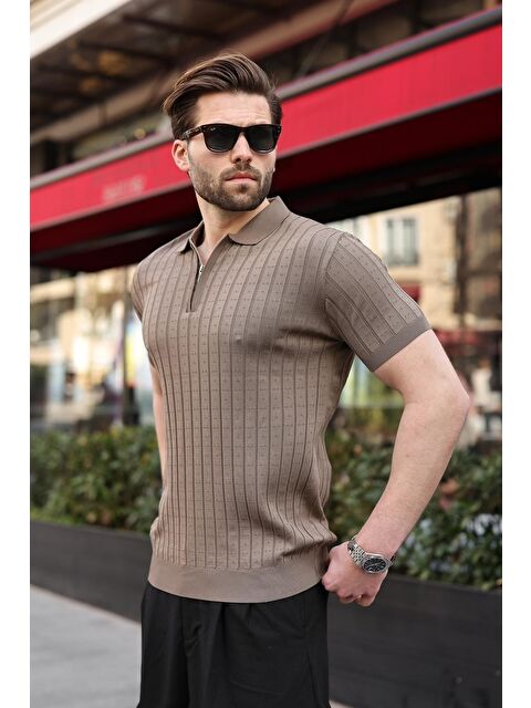 Madmext Açık Kahverengi Polo Yaka Slim Fit Triko Erkek Tişört E7465