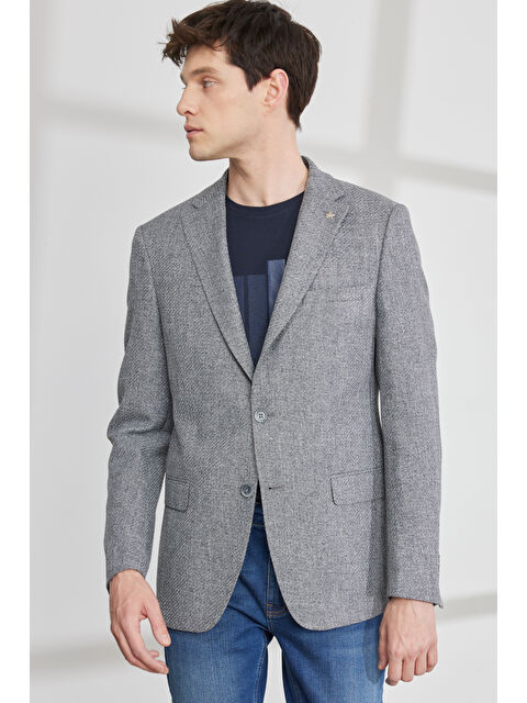 Altınyıldız Classics Erkek Gri Slim Fit Dar Kesim Mono Yaka Armürlü Ceket
