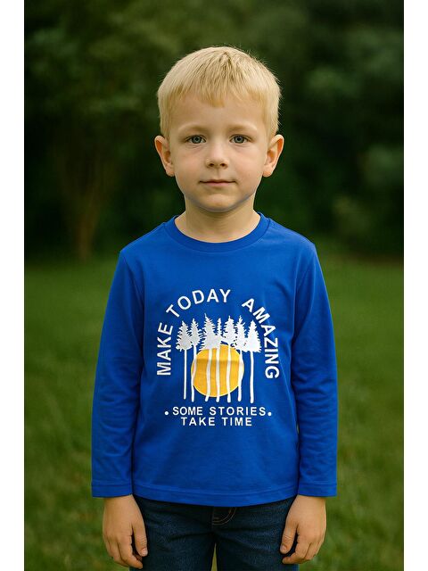 Luess Erkek Çocuk %100 Pamuk Baskılı Uzun Kollu Tişört - Saks  (3-4 Yaş 8-9 Yaş) - S000406697-23710