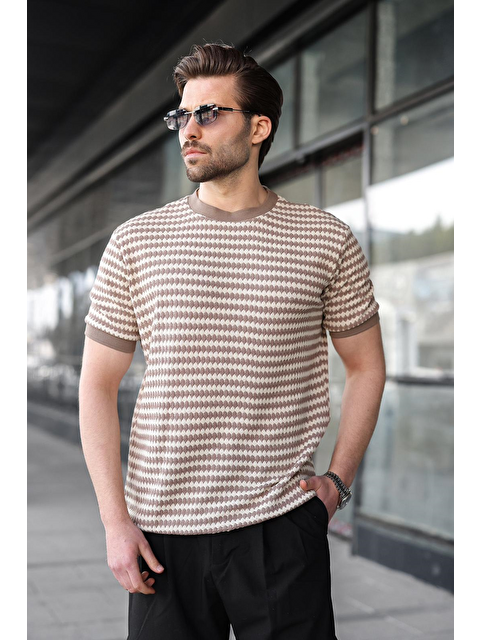 Madmext Kahverengi Jakarlı Bisiklet Yaka Erkek Tişört E7181