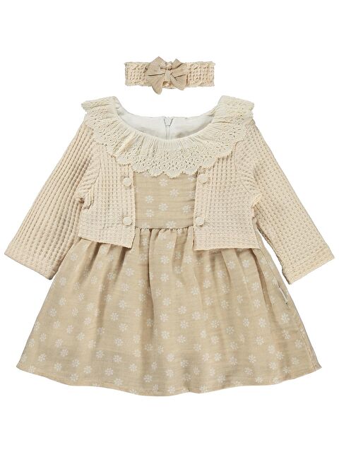 Kumru Lüks Süs Bolerolu Bandanalı 6-18 Ay Elbise - Bej 18-24 Ay - S000526622-19928