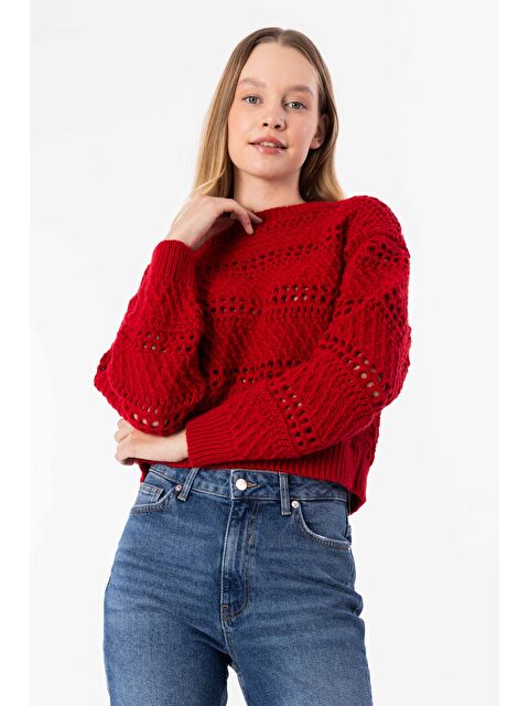 Dexia Glasgow - Ajur Desenli Uzun Kollu Triko Kazak - Kırmızı Renk - S000326643-20045