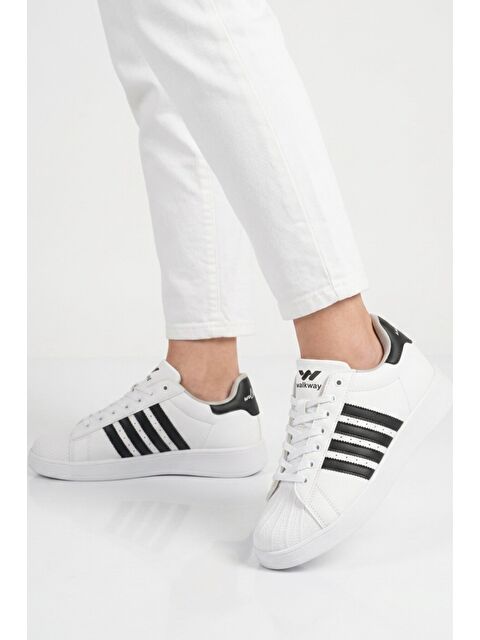 Walkway Beyaz Siyah Bağcıklı Cilt Hafif Unisex Spor Ayakkabı Senti G