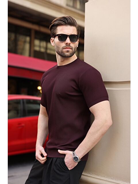 Madmext Mürdüm Bisiklet Yaka Fitilli Erkek Tişört E7474