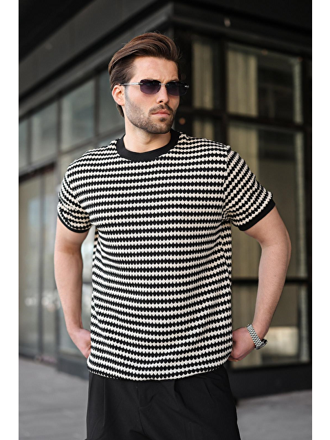 Madmext Siyah Jakarlı Bisiklet Yaka Erkek Tişört E7181