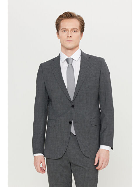 Altınyıldız Classics Erkek Koyu Gri Slim Fit Dar Kesim Mono Yaka Kareli Kapak Cepli Esnek Takım Elbise