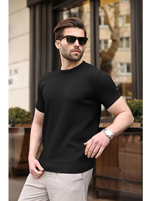 Madmext Siyah Bisiklet Yaka Fitilli Erkek Tişört E7474