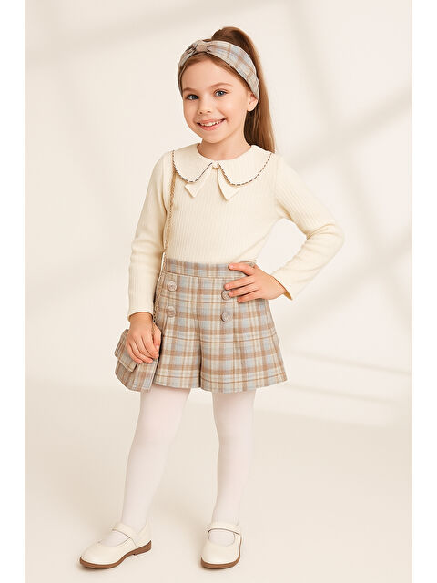 Ahengim Kız Çocuk Fırfır Yakalı Bluz & Ekose Şort Etek 2 li Set Takım Ak4155 - S000482659-19966