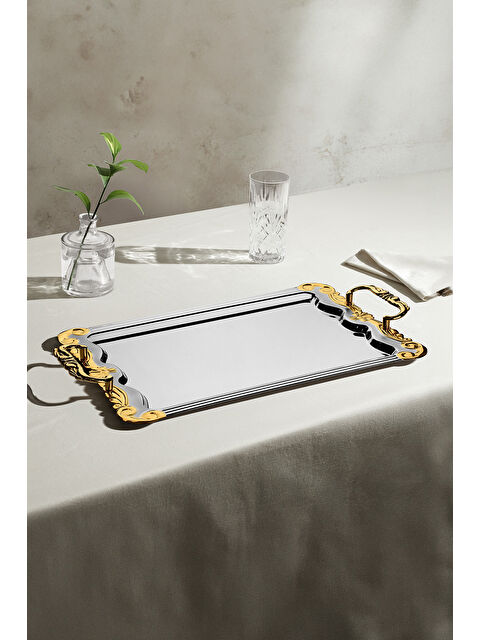 Nehir Babil Altın Saten Çelik Çay Tepsi - S000495175-20076