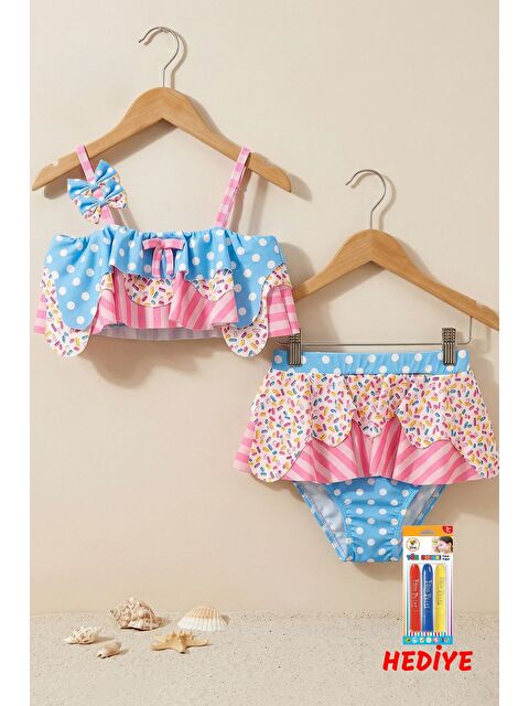 ZUZUNGA Fırfırlı Kız Çocuk Renkli Şeker Desenli Bikini Takımı