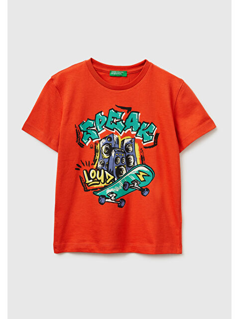 United Colors Of Benetton Erkek Çocuk Kırmızı Çok Renkli Baskılı Bisiklet Yaka T-Shirt