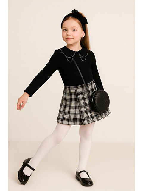 Ahengim Kız Çocuk Fırfır Yakalı Bluz & Ekose Şort Etek 2 li Set Takım Ak4155 - S000482659-19351